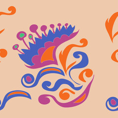 Horizontal stylized colored  leaves, flower, spirals. Hand drawn.