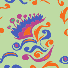 Seamless stylized colored leaves, flower, spirals. Hand drawn.
