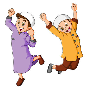 excited muslim boys jumping in joy clip art preview