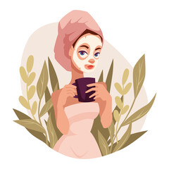 Young woman uses a cosmetic face mask. In the hands of a mug of tea. Skincare routine, mask applying and cosmetics. Beauty routine. Vector illustration.