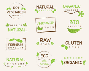 Natural and organic food, farm fresh and organic product stickers, badges, logo and icon for ecommerce, natural and organic products promotion.