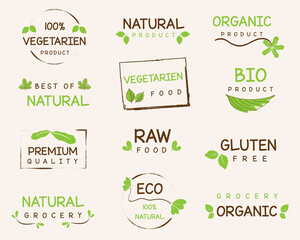 Fototapeta premium Natural and organic food, farm fresh and organic product stickers, badges, logo and icon for ecommerce, natural and organic products promotion.