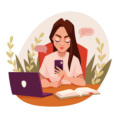 Girl  working или studying with laptop at home, sitting at table. Hangs up in chats on a smartphone instead of work, study. Procrastination concept. Women routine, everyday life. Vector illustration.