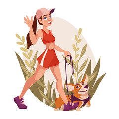 Girl walks with the dog on a harness. Welsh Corgi for a walk. Scene of the daily activities of a pet owner. Vector illustration.