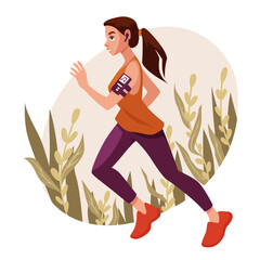 The girl goes in for sports. A young girl runs down the street listening to music on wireless headphones. Concept of healthy lifestyle, fitness outdoor and jogging. Women routine, everyday life