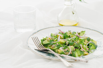 Green vegetarian salad of avocado, cucumber, seeds, micro-greens and red onion on a white background. Space for text