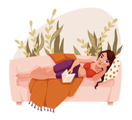Young girl lies on the sofa and reads a book. Leisure, interesting literature, hobbies, home schooling. Women routine, everyday life. Vector illustration.