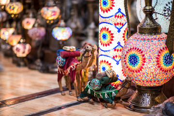 Muscat,Oman - March 05,2019 : All kinds of souvenirs
exhibited in market shops of the old town Mutrah.