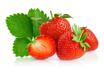 Heap of red strawberries with leaf isolated on white background.