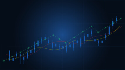 candlesticks show sock market trend with line indicator on dark blue background