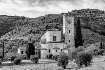 Black and white view of the beautiful Abbey of Sant'Antimo, Montalcino, Siena, Tuscany, Italy