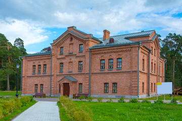 Fototapeta na wymiar Konevets Island, the historical building of the Konevsky Nativity-Bogorodichny Monastery Workhouse