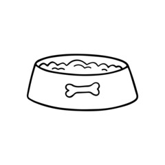 Hand drawn dog bowl doodle Pet Food in sketch style.  Vector illustration isolated on white background.