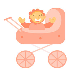 Vector illustration of a pink stroller with a baby. Baby in a stroller. A girl is smiling in a pink stroller on wheels. Isolated