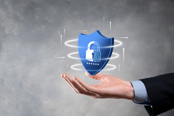 Cyber security network. Padlock icon and internet technology networking. Businessman protecting...