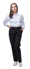 office worker young lady in full-length trousers and white blouse, isolate