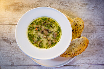 mushroom broth with two croutons