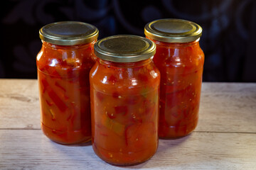 preservation of lecho from bell peppers, tomatoes and sauce