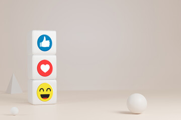 3D rendering social media network connection concept.Wooden cube stacking on abstract pastel background