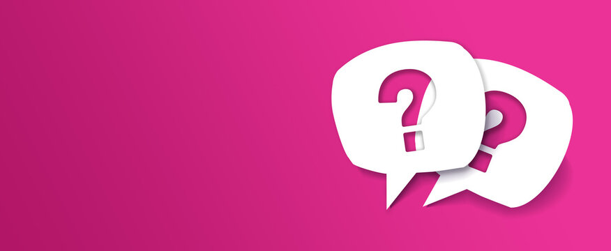 Question mark on paper bubble. Pink background. Ask for help.
