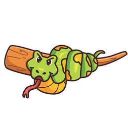 cute snake on tree branch ready for attack. cartoon animal nature concept Isolated illustration. Flat Style suitable for Sticker Icon Design Premium Logo vector. Mascot Character