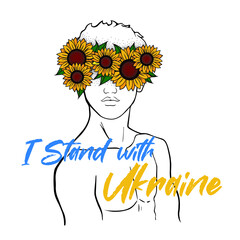 I stand with Ukraine. Peace for Ukraine, Vector illustration. The guy in a wreath of sunflowers.