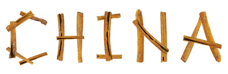 China inscription made with cinnamon sticks in chinese style on white isolated.