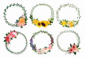 Set of beautiful flower wreath, floral frames set. Vector illustration.