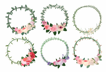 Fototapeta premium Set of beautiful flower wreath, floral frames set. Vector illustration.