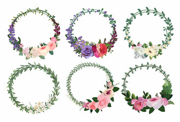 Set of beautiful flower wreath, floral frames set. Vector illustration.