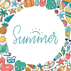 Fototapeta na wymiar summer lettering quote decorated with frame of hand drawn doodles. Good for templates, invitations, posters, banners, cards, sales, etc. EPS 10