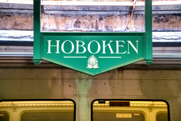 Hoboken green railway station sign in Jersey City - USA.