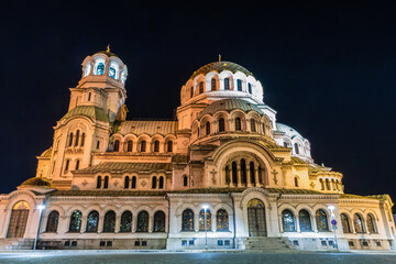 Night view of the St. Alexander Nevsky Cathedral in the capital of Bulgaria Sofia