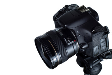 Photo camera on tripod on white isolated, mock up for advertising banner of photo studio or photographer services, copy space.