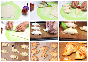 Step by step cooking croissants with apple or berry jam, a collage of photos of the cooking sweet pastries process.