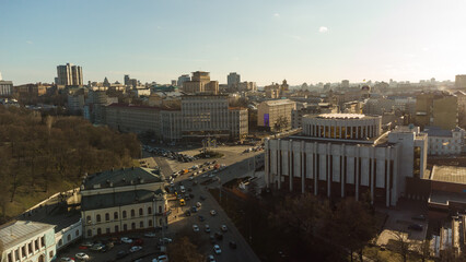 Aerial drone view. View of the Dnieper River and the Podil district in Kiev.