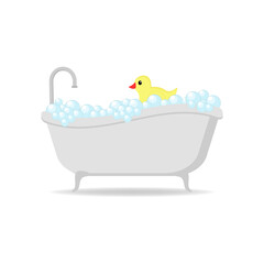 Bathtub full of soap foam bubbles with yellow rubber duck in a cartoon flat style vector illustration isolated on white background
