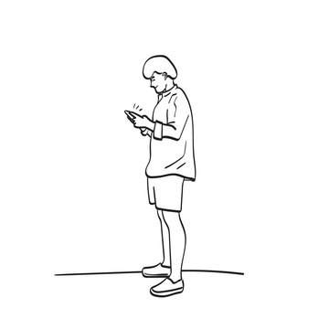 line art full length of man using smartphone illustration vector hand drawn isolated on white background