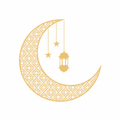 Ramadan kareem decorative moon, stars and lantern isolated on white background. Elegant gold ramadan kareem design. Vector stock