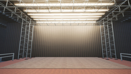 An empty stage of the theater, lit by spotlights 