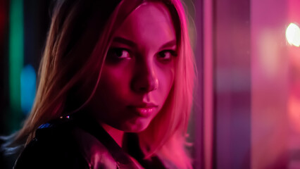 Stylish millennial blonde fashion model stand on dark street in neon pink lights