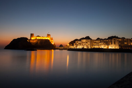 Muscat,Oman - March 05,2019 : View of the Al Jalali fortess at sunrise in the old town Muttrah.