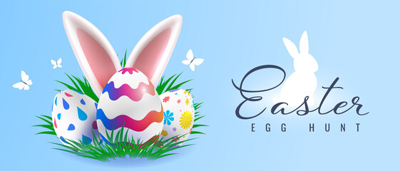 Vector holiday template design with painted eggs and bunny ears. Happy easter illustration with decorative egg and bunny for greeting card, banner