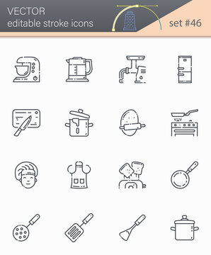 Set of editable stroke vector line icons of kitchen utensils, cooking tools and equipmen