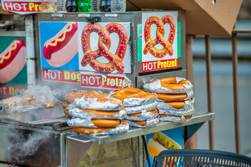 Hot pretzels street food seller in Midtown Manhattan, New York City.