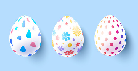 Fototapeta na wymiar Vector set of easter decorative colored egg for greeting card, banner on blue color background. Happy easter holiday illustration with different painted eggs