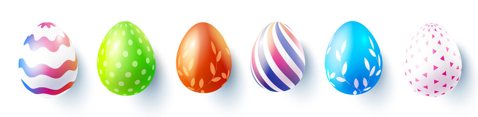 Happy easter holiday illustration with different bright painted eggs with shadow. Vector easter design of set of decorative colored egg for greeting card, banner