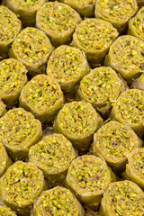 Pistachio baklava. Mediterranean cuisine delicacies. Close-up baklava. local name fistikli saray sarmasi