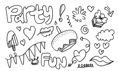 party doodle. Hand drawn cartoon illustration. Bright hand drawn lettering in circle for card, poster, banner. Vector illustration
