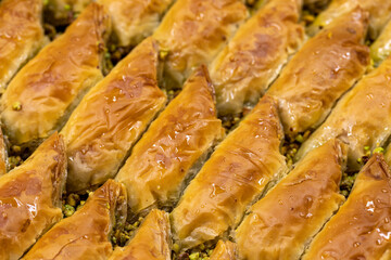 Pistachio sobiyet baklava dessert. Mediterranean cuisine delicacies. Close-up baklava